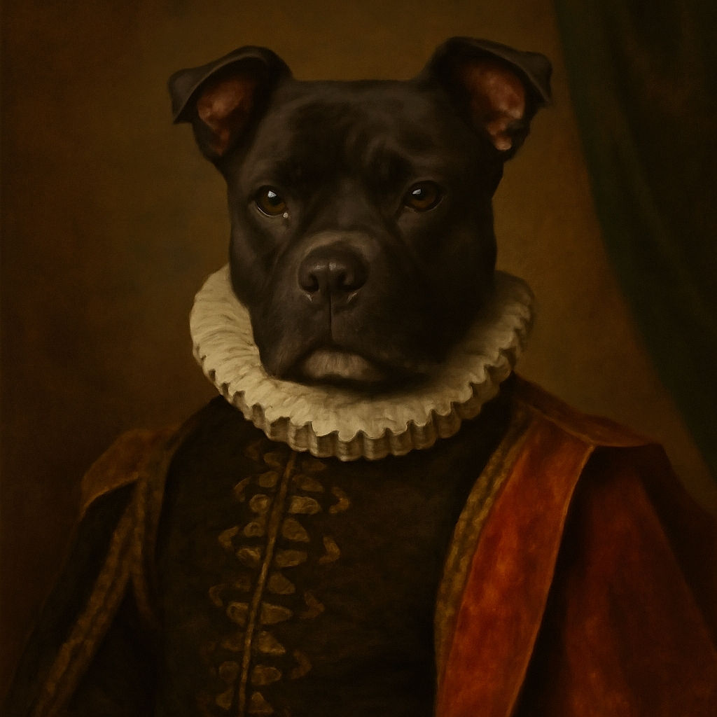 A serious-looking dog sits patiently on a mat indoors, staring directly at the camera with ears perked up, framed by a wooden floor and a metal grate in the foreground.