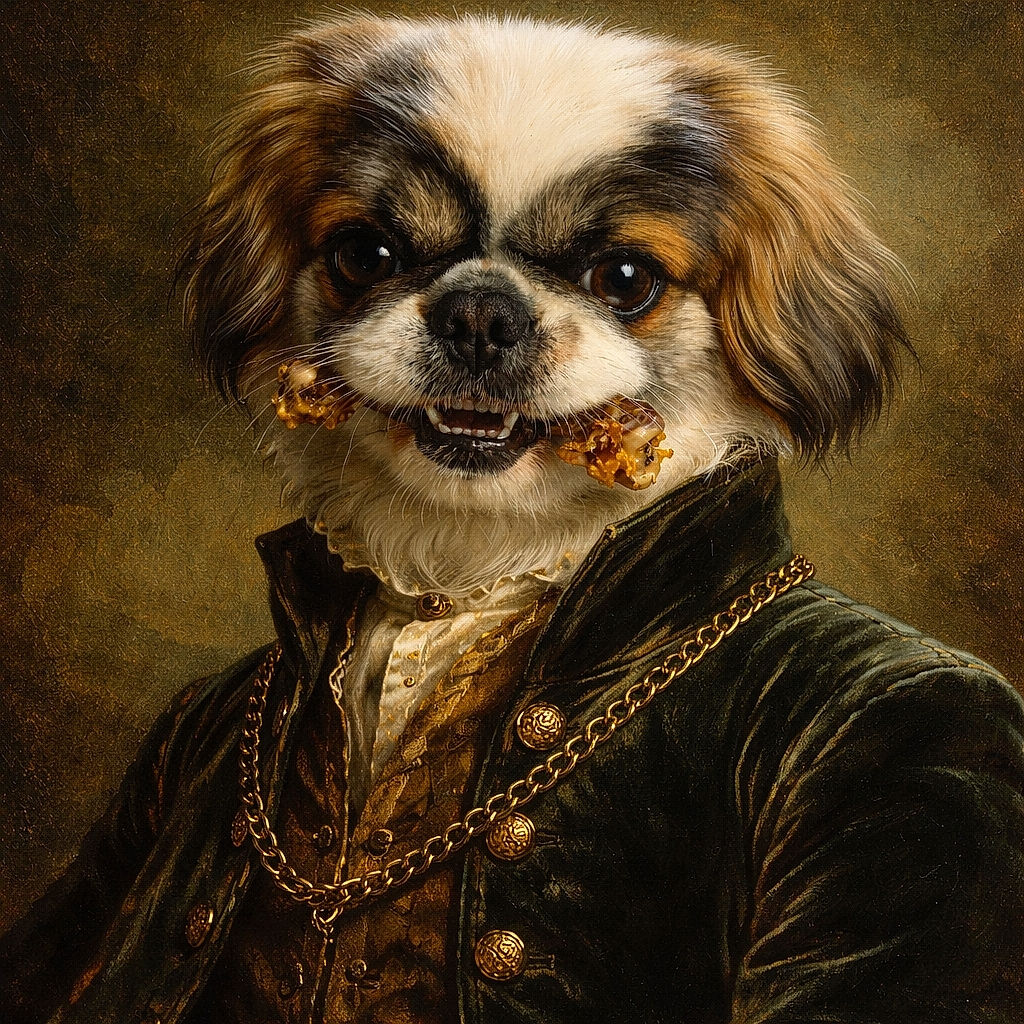 A fluffy dog with a quirky expression is holding a crunchy treat in its mouth, looking like it's about to negotiate a snack trade. The close-up shot captures the dog's charming face and shiny eyes with soft natural lighting.