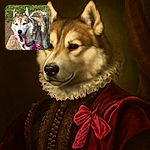 A happy husky with a big pink tongue hanging out, sporting a bright pink bandana with a bow, standing on a concrete slab with green grass in the background. The dog looks like it just finished a fun play session and is smiling for the camera.