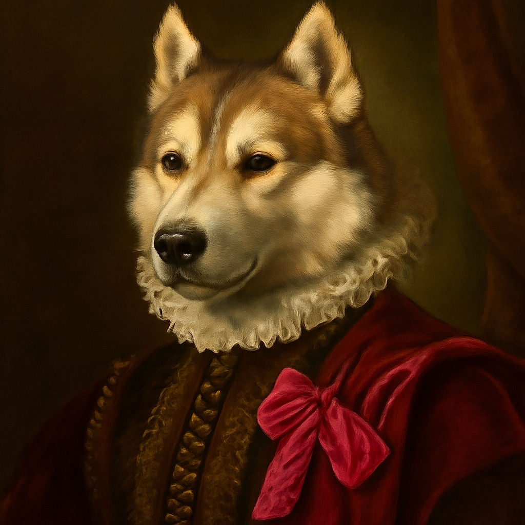 A happy husky with a big pink tongue hanging out, sporting a bright pink bandana with a bow, standing on a concrete slab with green grass in the background. The dog looks like it just finished a fun play session and is smiling for the camera.