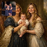 Two smiling women hold an adorable baby in a warmly lit indoor setting, with a stage and musical instruments in the background. The baby steals the spotlight with a cheeky grin, while the women beam with pride and joy. A partial text overlay saying 'SEE Y' is visible on a screen behind them, hinting at a friendly farewell or upcoming event.