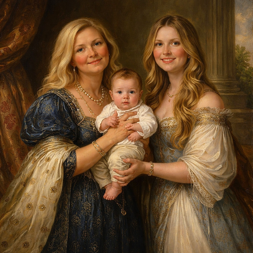 Two smiling women hold an adorable baby in a warmly lit indoor setting, with a stage and musical instruments in the background. The baby steals the spotlight with a cheeky grin, while the women beam with pride and joy. A partial text overlay saying 'SEE Y' is visible on a screen behind them, hinting at a friendly farewell or upcoming event.