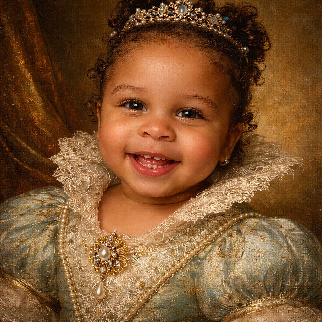 A joyful toddler with curly hair styled in two buns beams widely, showing off adorable baby teeth while wearing a soft turquoise shirt, set against a colorful patterned background.