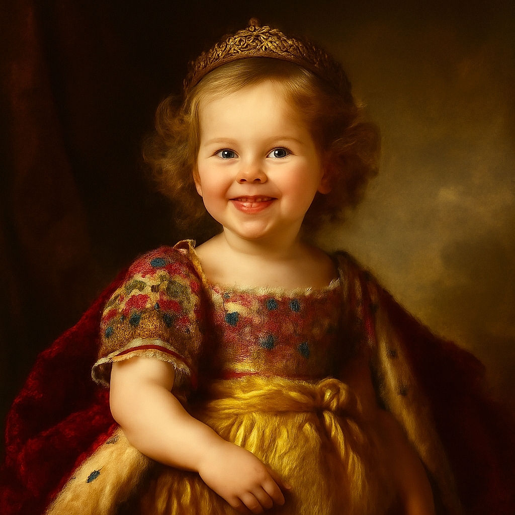 A joyful toddler with curly hair reaches towards the camera with a big smile, capturing a spontaneous and heartwarming moment outside near a blue building.