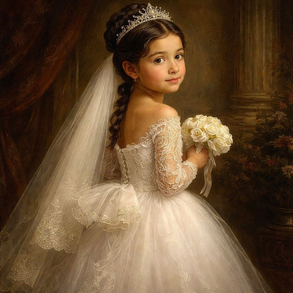 A young girl dressed like a princess or bride is standing on a tree-lined path, looking back over her shoulder with a curious expression, her white dress and veil flowing elegantly behind her in the serene park setting.