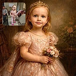 A little girl stands confidently on a couch wearing a cute cherry-patterned outfit and bright pink socks, with a curious expression. Behind her, a man in a gray hoodie sits on a chair, and a cozy living room scene unfolds with a lamp, blankets, and a purse on the couch.