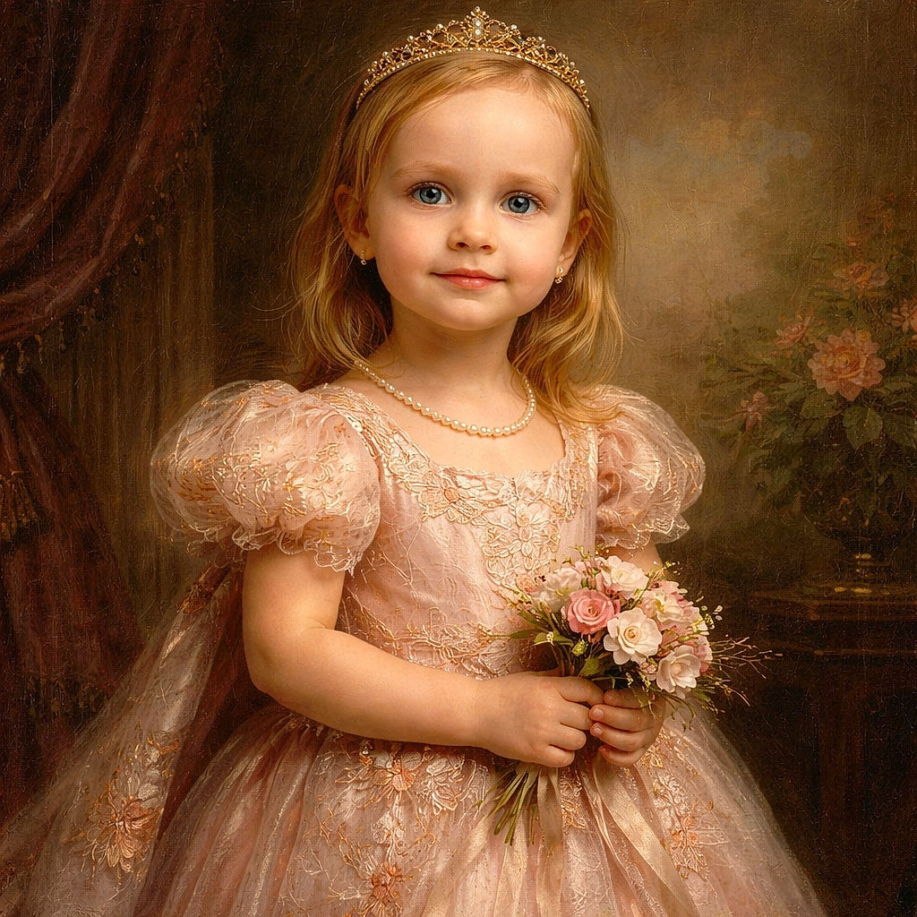 A little girl stands confidently on a couch wearing a cute cherry-patterned outfit and bright pink socks, with a curious expression. Behind her, a man in a gray hoodie sits on a chair, and a cozy living room scene unfolds with a lamp, blankets, and a purse on the couch.