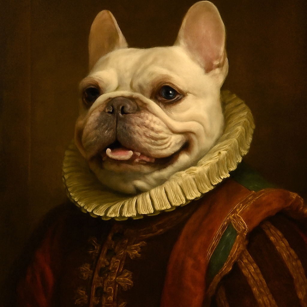 A happy French Bulldog dressed in a colorful costume with a big goofy smile, showing off its teeth and tongue inside a car. The dog's outfit has bright orange and blue colors with green leaf-like decorations, making it look like a festive pumpkin or carrot.