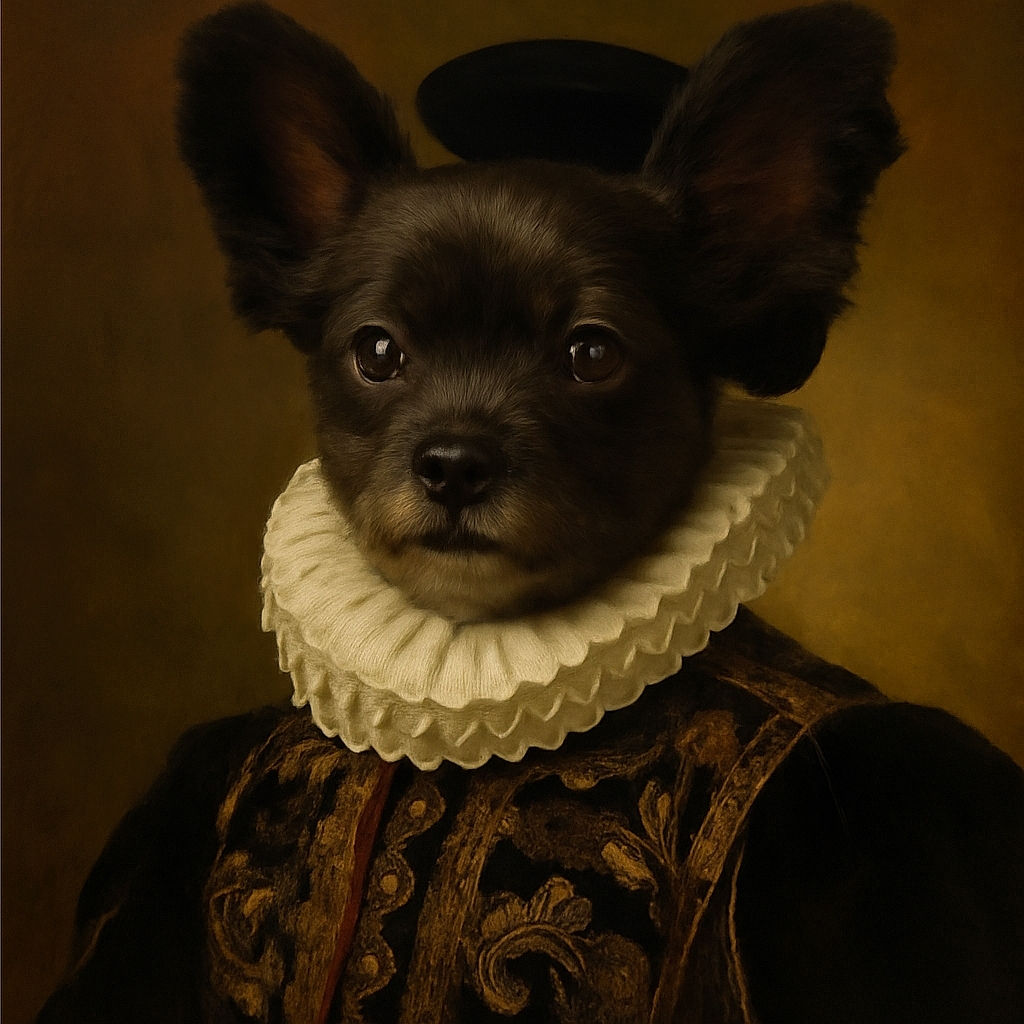 A close-up photo of an adorable small black dog with large ears standing up, wearing a colorful collar, lying on a textured cream-colored surface. The dog's shiny eyes and curious expression make it look like a tiny, furry superhero ready to save the day.