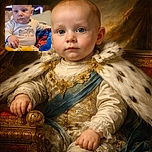A focused baby dressed in a cute outfit with a race car and the words 'Daddy's Little Champ' embroidered on it, sitting comfortably with a colorful blanket nearby, eyes wide open and full of curiosity.