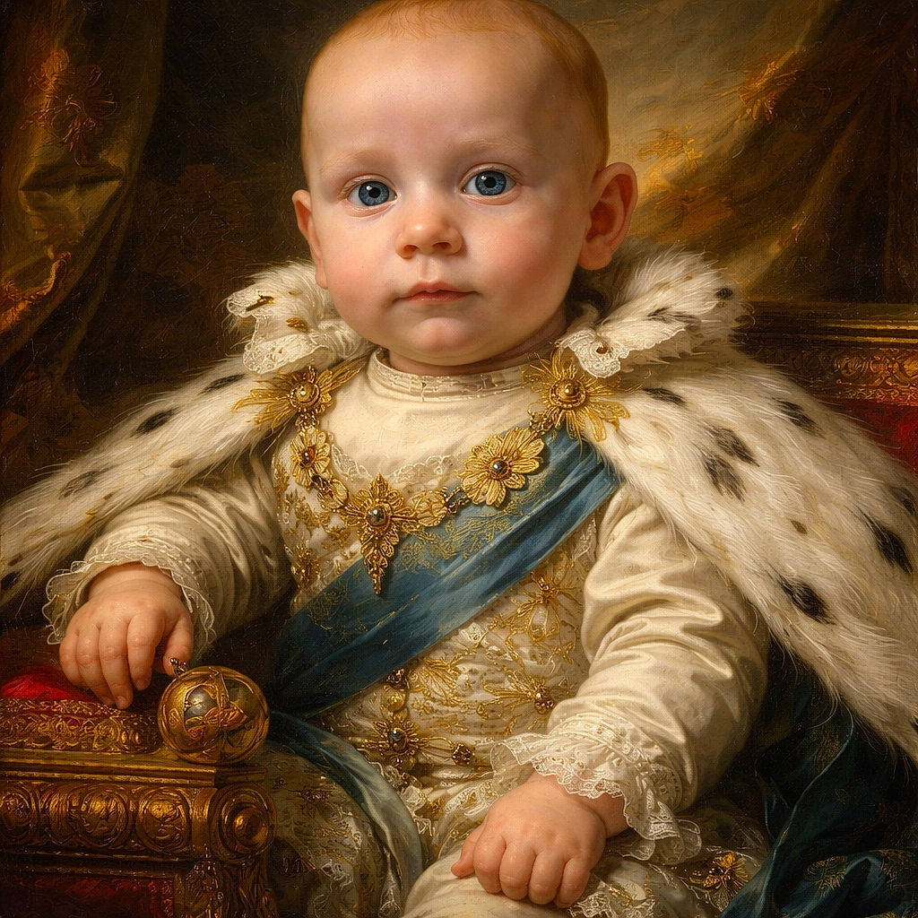A focused baby dressed in a cute outfit with a race car and the words 'Daddy's Little Champ' embroidered on it, sitting comfortably with a colorful blanket nearby, eyes wide open and full of curiosity.