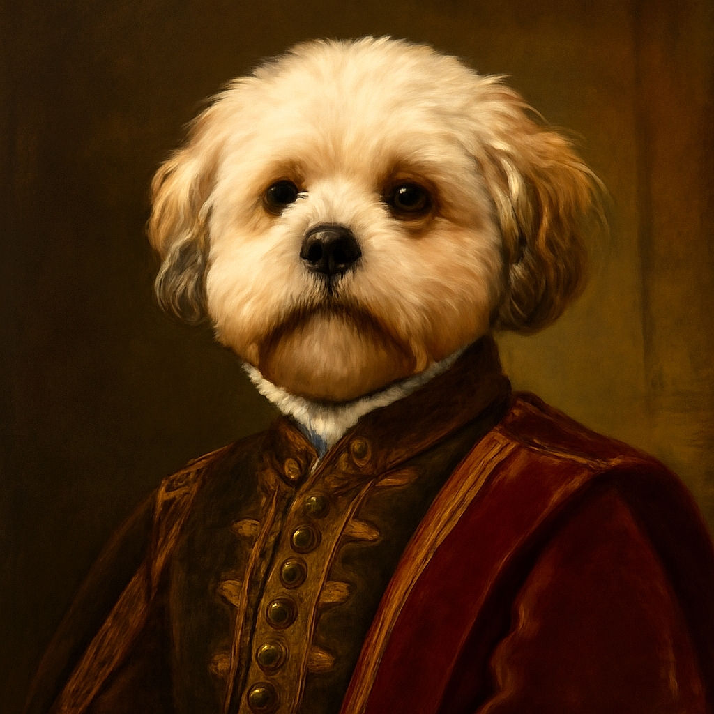 A fluffy cream-colored dog with a slightly blurred wagging tail looks up with big, curious eyes on a textured pavement background, capturing a moment of playful anticipation.