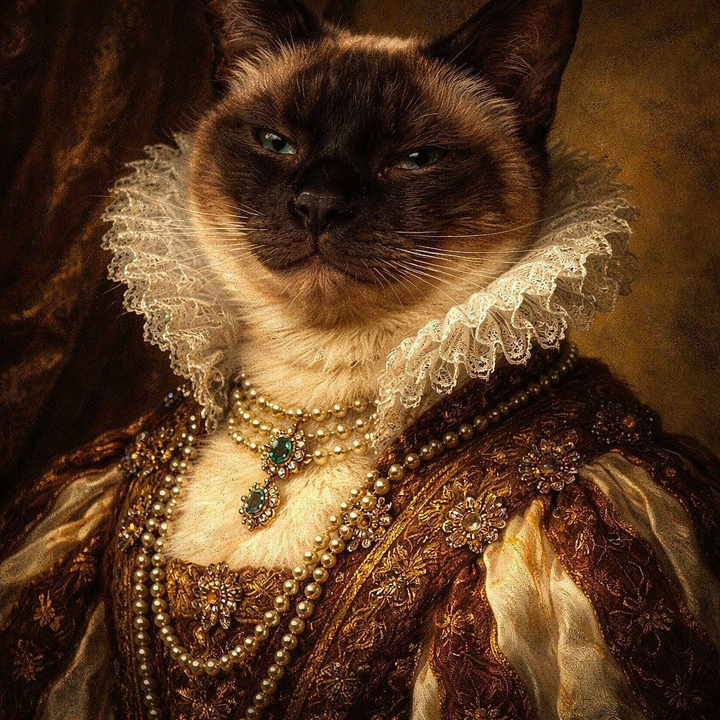 A close-up, somewhat blurry and grainy photo of a relaxed cat with a dark face and light body, possibly a Siamese, resting on a polka-dotted fabric background.