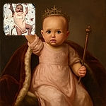 A wide-eyed baby wearing a peach onesie that says 'Raised with LOVE' lies on a cozy butterfly-patterned blanket, one arm raised triumphantly as if celebrating a tiny victory.