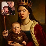 A candid selfie featuring a young woman making a playful duck face while holding a baby who is enthusiastically sticking out their tongue. The cozy indoor setting includes a red couch and a soft blanket in the background, adding warmth to the moment.