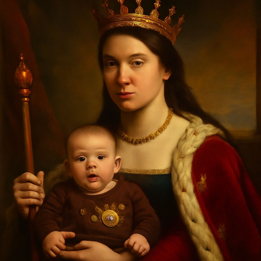 A candid selfie featuring a young woman making a playful duck face while holding a baby who is enthusiastically sticking out their tongue. The cozy indoor setting includes a red couch and a soft blanket in the background, adding warmth to the moment.