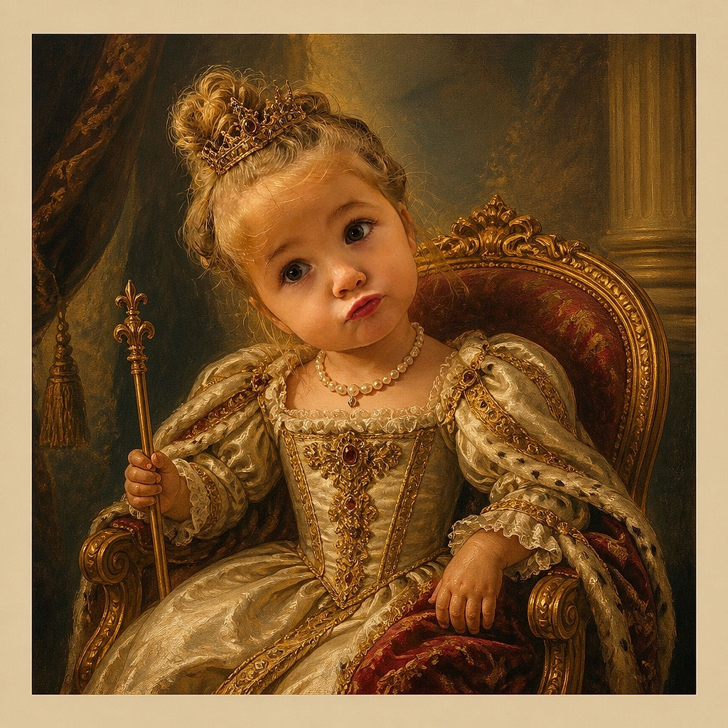 A little girl gives the camera a wonderfully messy stare while enthusiastically sampling frosting, wearing enough cake on her face to qualify as a tiny dessert-themed superhero. The tilted indoor snapshot has black borders and a warm kitchen background.