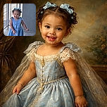 A cheerful little girl wearing a blue dress with bows in her hair is caught mid-step, flashing a big smile, with a soft-focus background of a balcony or porch area.