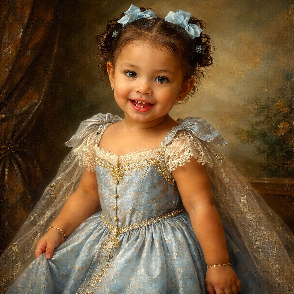 A cheerful little girl wearing a blue dress with bows in her hair is caught mid-step, flashing a big smile, with a soft-focus background of a balcony or porch area.