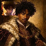 A young person with a serious expression and voluminous curly hair poses indoors wearing a white tank top, with a warm yellow light casting soft shadows and a casual room background.