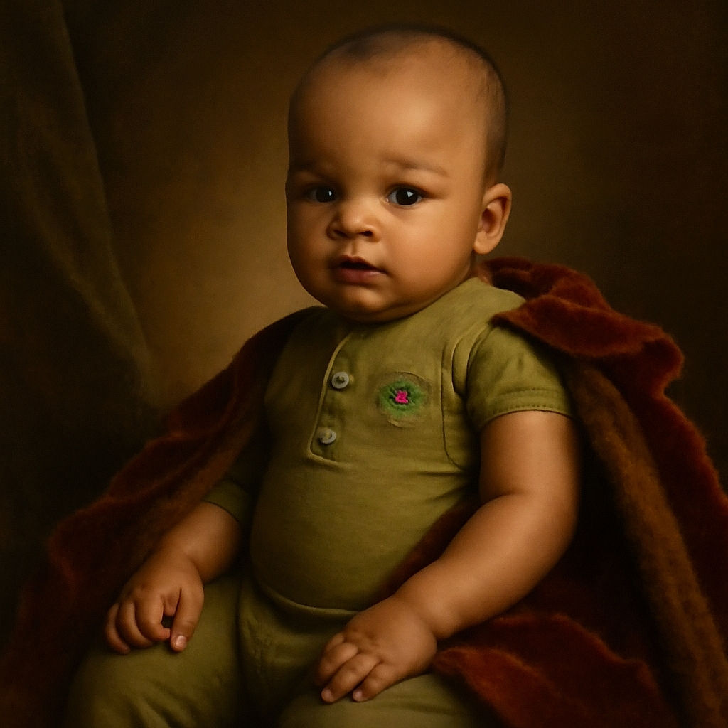 A chubby-cheeked baby in a light green romper with a colorful bird patch sits comfortably on a brown leather couch, looking curiously at the camera with wide eyes and a slight smile, exuding adorable innocence.