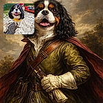 A sunlit, tongue-out spaniel in a bright yellow life jacket steals the show on a rocky riverbank — muddy paws, goofy grin, and a curious man with kayaks in the leafy background like extras in the dog's action movie.