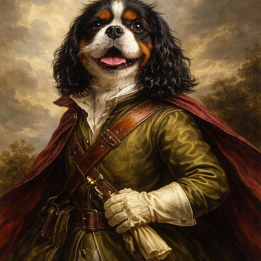 A sunlit, tongue-out spaniel in a bright yellow life jacket steals the show on a rocky riverbank — muddy paws, goofy grin, and a curious man with kayaks in the leafy background like extras in the dog's action movie.