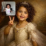 A cheerful curly-haired child wearing a white t-shirt with a purple flower and the word 'Champion' smiles brightly while showing a playful gesture with their fingers, standing next to a table scattered with coloring sheets.