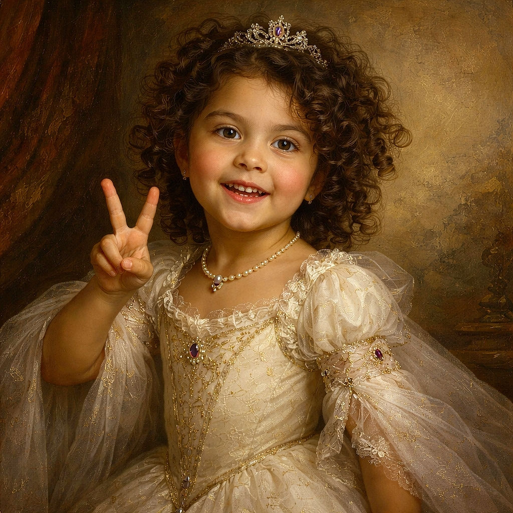 A cheerful curly-haired child wearing a white t-shirt with a purple flower and the word 'Champion' smiles brightly while showing a playful gesture with their fingers, standing next to a table scattered with coloring sheets.
