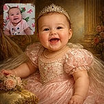 A joyful baby with sparkling eyes and a wide smile lies on a festive blanket adorned with holly leaves, red berries, pink bows, and reindeer, wearing a cute pink polka-dot onesie featuring a sleepy animal face with a flower.