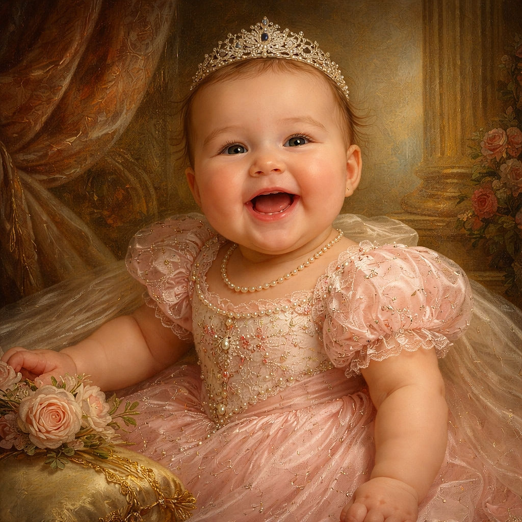 A joyful baby with sparkling eyes and a wide smile lies on a festive blanket adorned with holly leaves, red berries, pink bows, and reindeer, wearing a cute pink polka-dot onesie featuring a sleepy animal face with a flower.