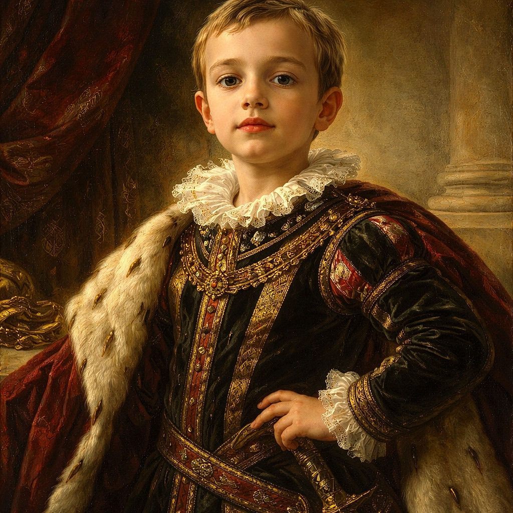 A young boy stands inside by a glass door with a screen, looking calmly at the camera, with a bright, leafy outdoor scene behind him.
