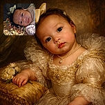 A curious baby with a big bow on their head lies among a colorful pile of cereal pieces, looking thoughtfully at the camera while wearing a soft mitten, creating a cozy and playful scene.