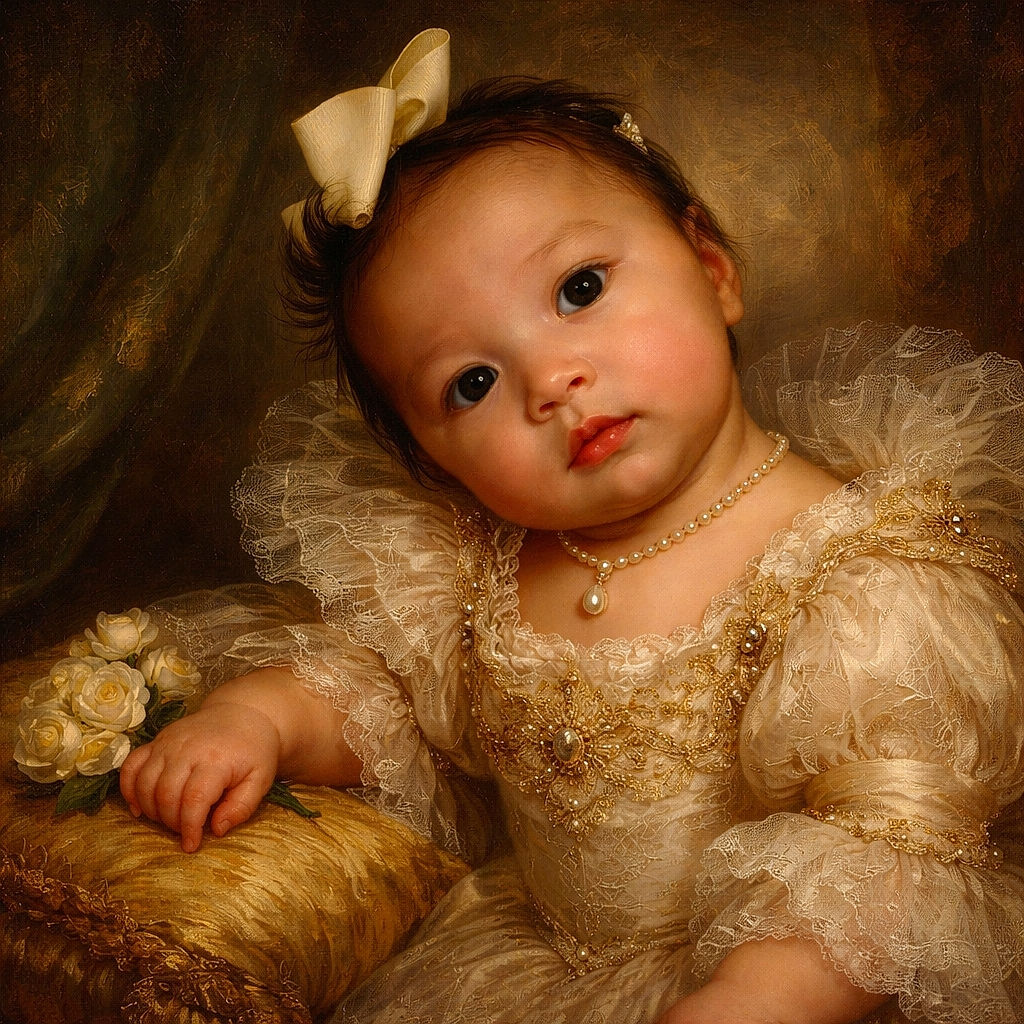 A curious baby with a big bow on their head lies among a colorful pile of cereal pieces, looking thoughtfully at the camera while wearing a soft mitten, creating a cozy and playful scene.
