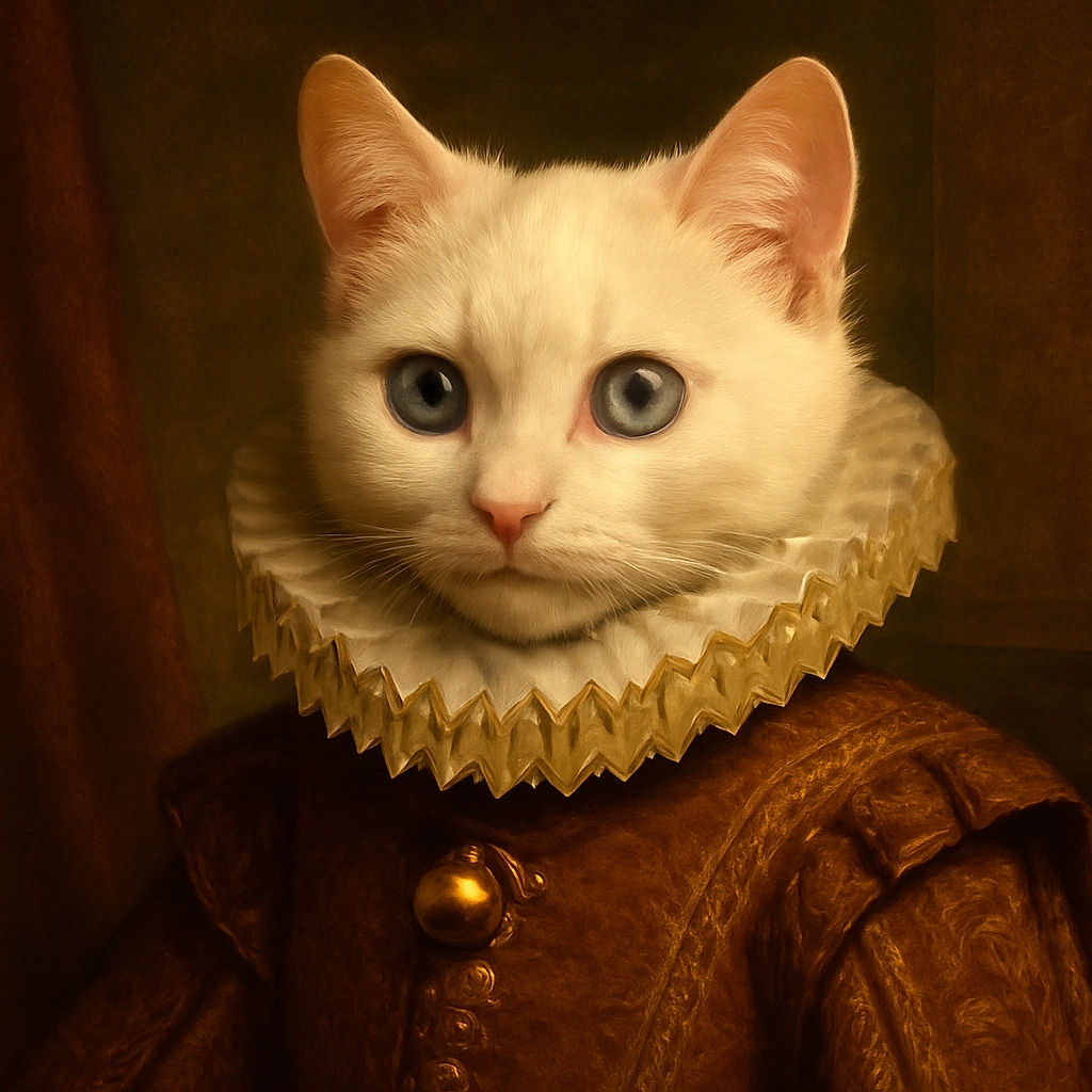 A close-up of an adorable white kitten with striking blue eyes and a shiny bell on its collar, peering curiously over a red textured surface with a softly blurred background.