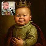 A chubby-cheeked baby with a gleeful smile is being held up by an adult hand, wearing a cute Simba-themed outfit. The background shows a softly lit, cozy indoor setting with a door and frosted glass panels.