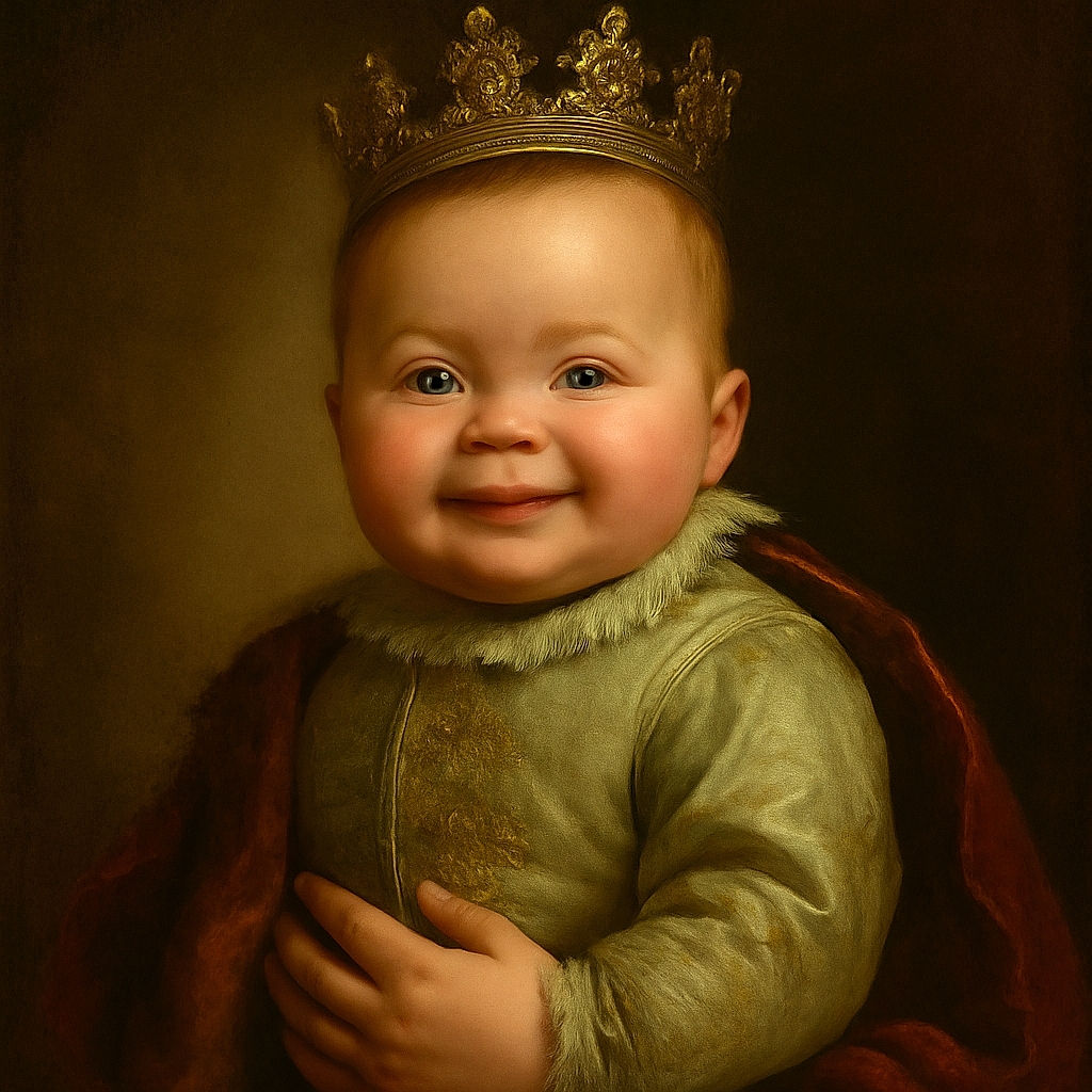 A chubby-cheeked baby with a gleeful smile is being held up by an adult hand, wearing a cute Simba-themed outfit. The background shows a softly lit, cozy indoor setting with a door and frosted glass panels.
