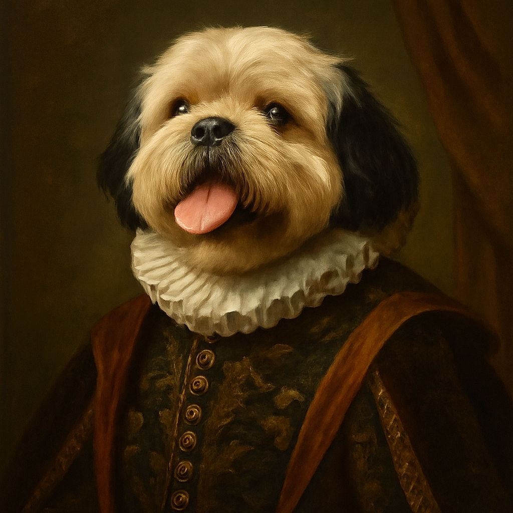 A fluffy dog lies happily in a lush green field dotted with white clover flowers, tongue out and enjoying the sunny day like a true grass connoisseur.