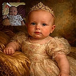 A serious-faced baby in a floral shirt is being held by an adult with a tattooed hand under a covered outdoor area. The background includes a chain-link fence and a red building wall, giving a casual backyard vibe.