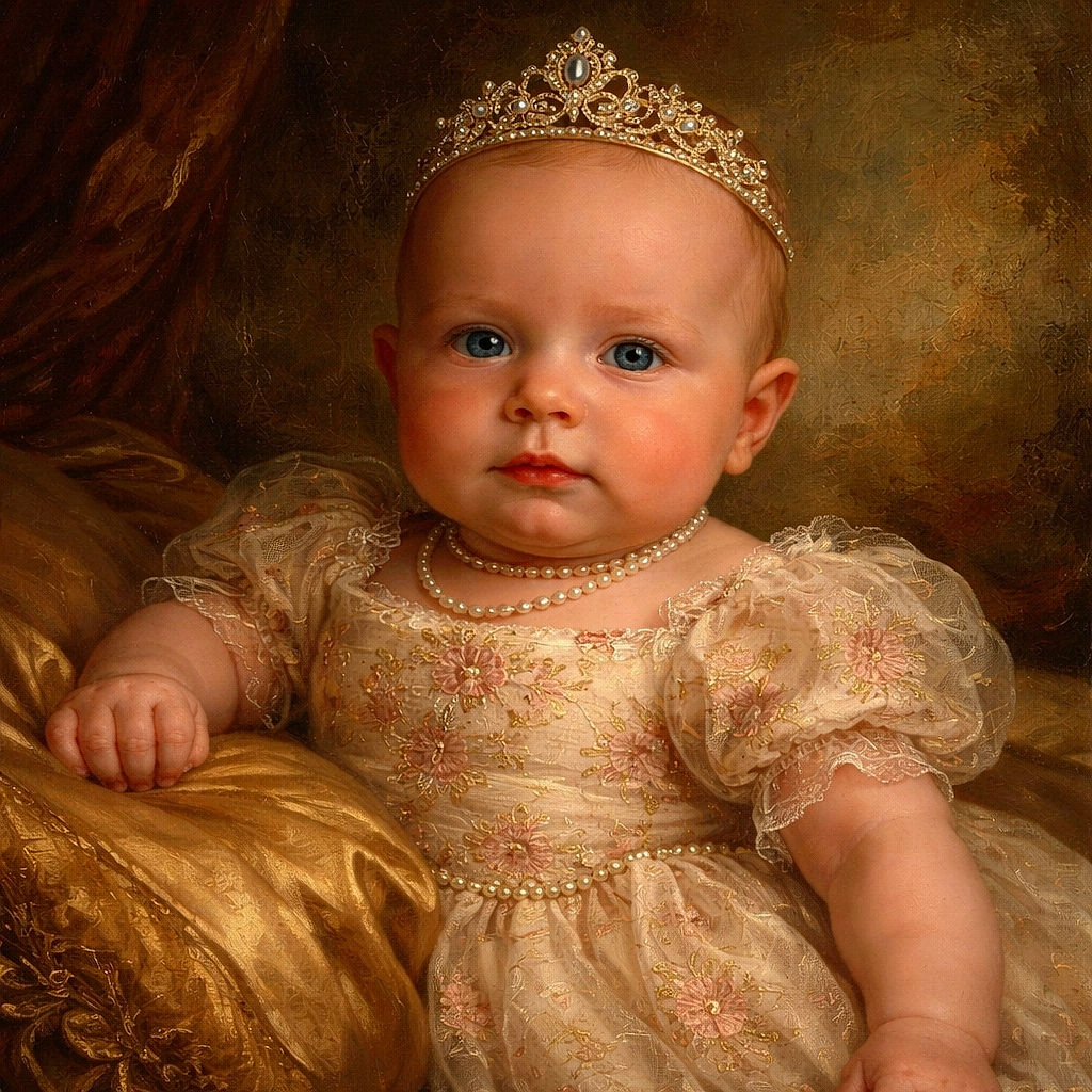 A serious-faced baby in a floral shirt is being held by an adult with a tattooed hand under a covered outdoor area. The background includes a chain-link fence and a red building wall, giving a casual backyard vibe.