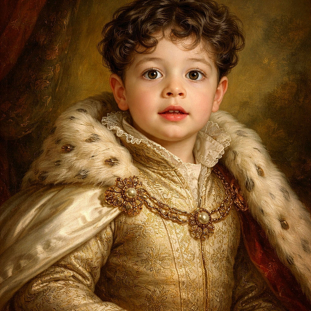 A wide-eyed toddler bundled in a cozy fluffy jacket looks curiously off-camera, with soft lighting highlighting the texture of the jacket and the innocence in their big brown eyes.