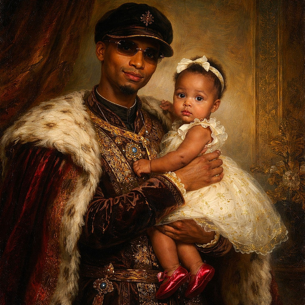 A stylish dad in sunglasses holds a tiny holiday monarch in a sparkly dress and red shoes — a festive portrait with a frosted Christmas tree and presents, while the baby gives a very dignified side-eye to the season.