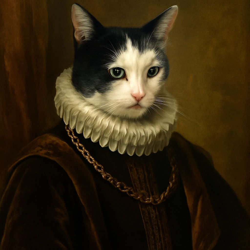 A cheerful person holds a large black and white cat wearing a stylish black bandana. The cat looks slightly unimpressed while the person smiles warmly, set in a cozy indoor environment with shelves and a clock in the background.
