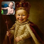 A chubby-cheeked baby with a mischievous smile is standing in a diaper, holding onto a green toy, with a bright blue ball and a cozy bed in the background, capturing a candid moment of playful innocence.