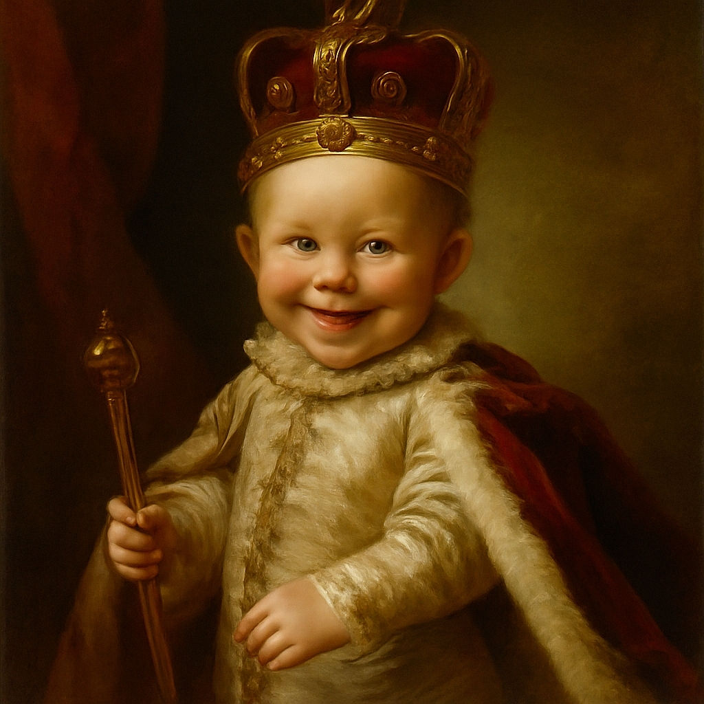 A chubby-cheeked baby with a mischievous smile is standing in a diaper, holding onto a green toy, with a bright blue ball and a cozy bed in the background, capturing a candid moment of playful innocence.