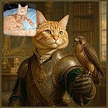 A fluffy orange cat lounges on a blue bedspread, staring into the camera like a tiny ginger landlord inspecting its kingdom. Its QR-code tag adds a surprisingly high-tech touch, while a magnificent tail sprawls across the foreground like a furry barricade.