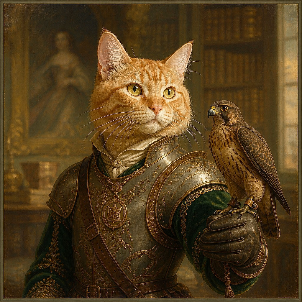 A fluffy orange cat lounges on a blue bedspread, staring into the camera like a tiny ginger landlord inspecting its kingdom. Its QR-code tag adds a surprisingly high-tech touch, while a magnificent tail sprawls across the foreground like a furry barricade.