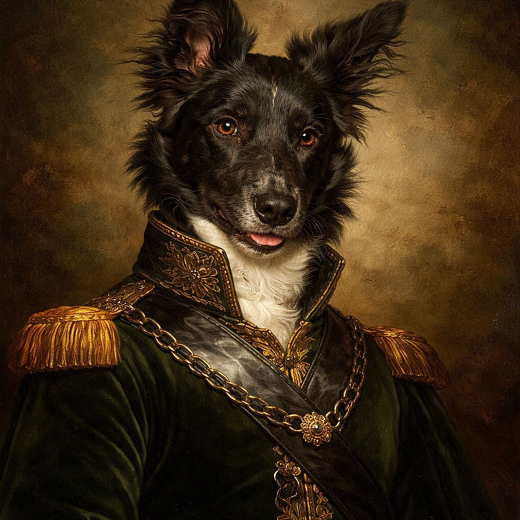 A sharp studio portrait of a mischievous black-and-white dog giving a side-smirk, ears like radar dishes and a blue collar with a dangling tag — looks like it just heard the word 'treat' and is pretending to be dignified about it. Soft grey backdrop keeps all attention on the glossy fur and warm brown eyes.