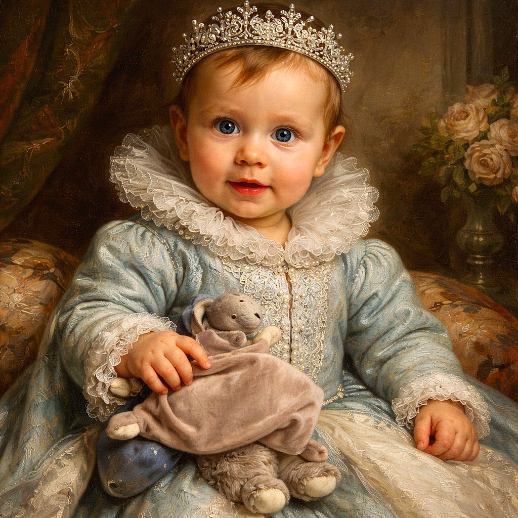 A chubby-cheeked baby in a fuzzy blue hooded onesie stares up with huge blue eyes, clutching a soft blanket and a plush toy while perched on a grey couch—utterly photogenic and practicing maximum charm.