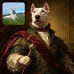 A proud white Bull Terrier lounges in a lush green field under a partly cloudy blue sky, sporting a fierce spiked collar that contrasts humorously with its calm and regal expression.
